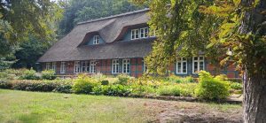 Ein charmantes Haus mit Reetdach und blauen Fensterläden, umgeben von einem blühenden Garten und Bäumen.