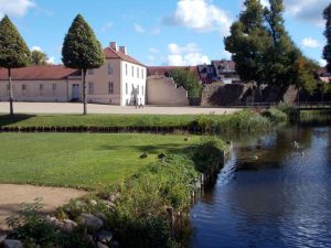 Ein ruhiger Park mit einem kleinen Teich, umgeben von historischen Gebäuden und üppiger Vegetation in Rheinsberg.